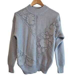 Vintage Crochet Sweater Women Lg Blue Beaded Glam Knit Cottage Preppy Academia